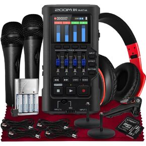Zoom R4 Multitrak، مسجل عائم 32 بت، تسجيل 4 مسارات مع ارتداد استريو، مدخلات XLR/TS مزدوجة مع 4 كابلات XLR، بطاريات قابلة لإعادة الشحن، سماعة رأس مع ميكروفون مدمج، حامل ثلاثي القوائم، 2 ميكروفون محمول والمزيد
