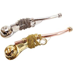 Ares India Brass Boatswain Whistle 5" with Chain Bosun Call Pipe Nautical - Set of 2