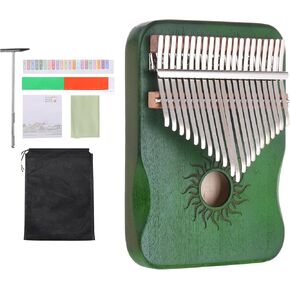 MECCANIXITY 21 Keys Thumb Piano, Green Mini Portable Finger Piano Maple Wood Sun Pattern with Protective Bag, Tune Hammer, Sheet Music Study Instruction for Gift Adults Beginners