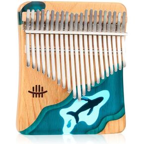 Kalimba Thumb Piano 21 Keys, Unique Deep Sea Blue Whale Design - Portable Mbira Finger Piano Made of Beech Wood