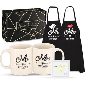 Mr and Mrs Est 2024 Mug and Apron Set, Wedding Engagement Anniversary Bridal Shower Gifts for Couple Mr and Mrs Smith Bride Groom Husband Wife Newlyweds Gifts.