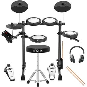 TDX-18 Electronic Drum Set with 4 Quiet Mesh Drum Pads, 2 Switch Pedal, Portable and Solid Drum Set with, Bluetooth, Drum Throne, Headphones and Sticks