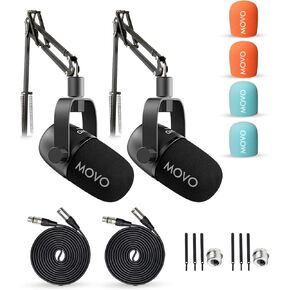 Movo 2 Pack CastMic Dynamic XLR Podcast Microphone Bundle with Tabletop Stand for PC, Gaming, Streaming, YouTube, and Musicians - Cardioid Podcast Mic for Content Creators