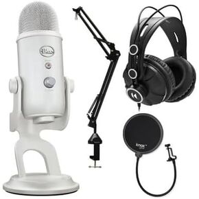 Blue Microphones Yeti USB Microphone (White Mist) Bundle with Boom Arm Microphone Stand, Monitor Headphones and Pop Filter (4 Items)