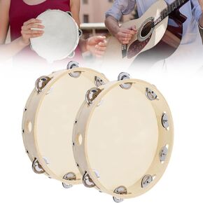 Wooden Tambourine Hand Held Drum Bells 2Pcs, 6 inch Hand Held Tambourine Drum for Church Party with Sheepskin Drumhead, Single Row Jingles Percussion Musical Educational Drum Instrument for Adults