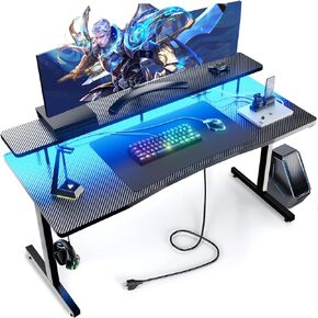 GTRACING 55 Inch Gaming Desk, Computer Gamer Desk with Monitor Stand, Ergonomic Carbon Fiber Surface Gaming Table with Power Outlet and Mouse Pad for Home Office, RGB