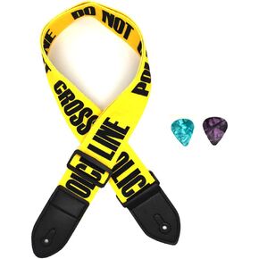 Acoustic Guitar Strap Electric Guitar Straps with Leather Ends Adjustable Classical Suitable For Bass, Electric & Acoustic Guitars (Yellow Police Line)