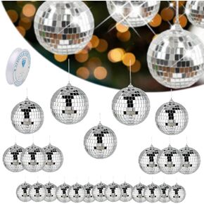 24 Pieces Mirror Disco Ball Decor with Invisible Hanging Wire, Small Hanging Disco Ball Decorations, Ornament for Cake Topper Christmas Tree Home Festivals Wedding DJ Party Club Bar Accessories