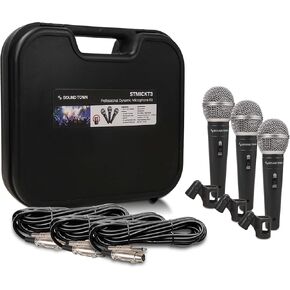 Sound Town 3-piece Professional Handheld Dynamic Microphone Kit with Carry Case, Mic Clips, 26ft XLR to 1/4" Audio Cables (STMICKT3)