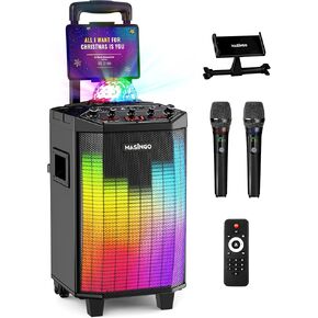 MASINGO New Karaoke Machine for Adults and Kids with 2 Bluetooth Wireless Microphones. Portable Singing PA Speaker System with Party Lights, Lyrics Display Holder, and TV Cable. Festoso X9