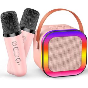 Karaoke Machine for Kids Adults, Portable Bluetooth Mini Karaoke Microphone Singing Speaker with 2 Wireless Mic and Light,Toys for All Smartphones,Birthday, Family,Home Party (Gold)