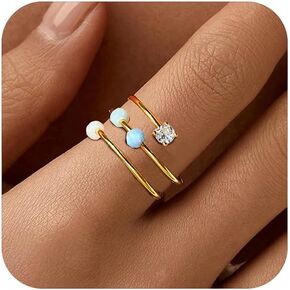 LOVECOM 14K Gold Plated Filled Fidget Rings With Opal S925 Sterling Silver Adjustable Open Anxiety Ring for Women Cute Stress Relieving Spinner Ring With Beads Jewelry Christmas Gifts for Mom