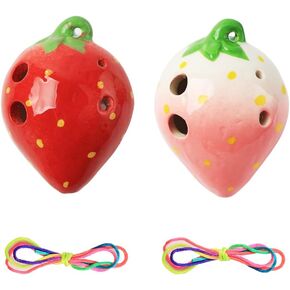 2Pcs Red and Red-White Strawberry-Shaped Ceramic 6-Hole Ocarina Musical Instrument for Middle C Key