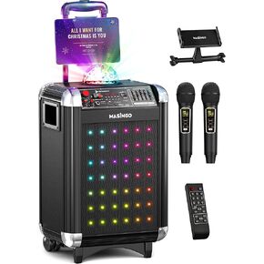 MASINGO Karaoke Machine for Adults and Kids with 2 Bluetooth Wireless Microphones. Portable Singing PA Speaker System with Disco Ball Party Lights, Lyrics Display Tablet Holder & TV Cable. Soprano X1