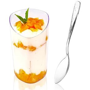 50 Pack Mini Dessert Cups with Spoons, 3 oz Clear Plastic Parfait Appetizer Cups, Small Reusable Shooter Serving bowls for Tasting, Slanted Triangle Dessert Shot Glasses