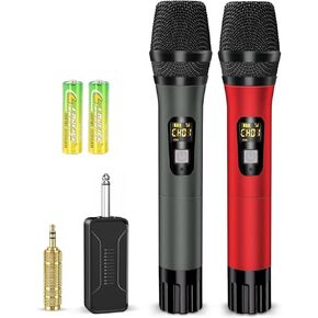 Wireless Microphones, Professional UHF Metal Dual Handheld Cordless Dynamic Mic System with Rechargeable Receiver, 1/4‘’Output, 160ft Range, Auto Connect for Karaoke, Party Singing, Church, Speech, DJ