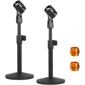 YOUEON 2 Pcs Microphone Stand Desktop, Adjustable Table Mic Stand with Mic Clip and 5/8" Male to 3/8" Female Screw Adapter, Heavy Base for Snowball, Spark & More