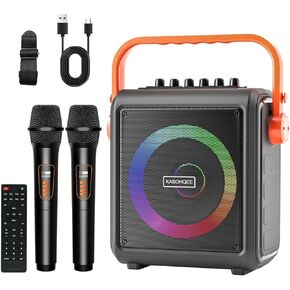 Karaoke Machine,8000mAh Portable Bluetooth Speaker with 2 Wireless Microphones for Adults & Kids,Microphone Speaker Set with Lights,Supports for TF Card/USB, AUX in, FM, REC