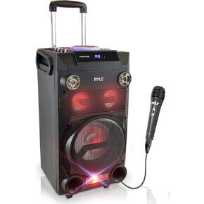 Pyle Portable Wireless Bluetooth Karaoke PA Loud speaker - 8'' Subwoofer Sound System with DJ Lights, Rechargeable Battery, FM Radio, USB / Micro SD Reader, Microphone, Remote - PWMA335BT