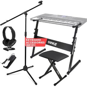 Pyle Complete Electric Keyboard Accessory Bundle - E-Piano Equipment Set with Adjustable Z-Shape Keyboard Stand, Folding Stool, Headset, Adjustable Microphone Stand, and Sustain Pedal (Black)