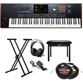 Korg 76-Key Pa5X Professional Arranger Bundle with Adjustable Keyboard Stand, Flip-Top Bench, Closed-Back Headphones, Sustain Pedal, and 1/4 Inch TS Cables (7 Items)