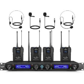 MicrocKing UHF Wireless Microphone System Cordless Lapel/Headset/Lavalier Mic(4 Bodypacks), Fixed Frequency, Long Range 400ft, Ideal for Party Church Conference Speech