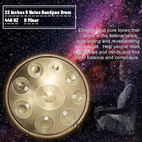 Handpan 22 بوصة D Minor Kurd Handpan 9 ملاحظات Handpan Drum Instrument للأداء الاحترافي، 440 هرتز صوت Handpan Drums لشفاء الصوت، والتأمل، واليوجا in Kuwait