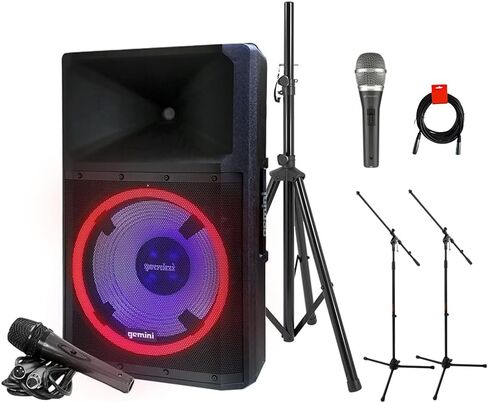 Gemini Sound GSP-L2200PK داخلي 2200 وات 15 بوصة ثنائي الأمبير سلكي يعمل بالتيار المتردد مع ميكروفون بولسن M-85 وحامل ميكروفون ثلاثي القوائم MS-5230F وكابل XLR-XLR مقاس 20 بوصة in Saudi Arabia