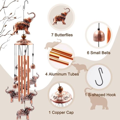Wind Chimes Outdoor Clearance, Ukulork Elephants Aluminum Tube Windchime with S Hook,Patio Garden Decor, Housewarming Gift. in Kuwait