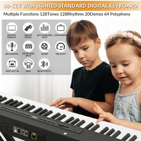 Digital Piano 88 Key Semi Weighted Keyboard, Piano Keyboard 88 Key for Beginners with Lighted Up Keys, Portable Electric Piano with Adjustable Stand,Carrying Case,Sustain Pedal,Headphone (Black) in Kuwait