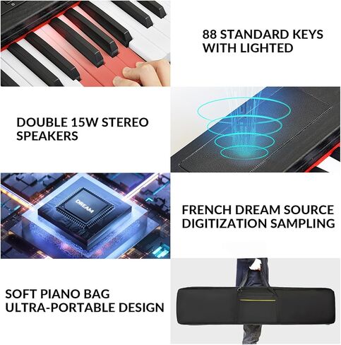 Digital Piano 88 Key Semi Weighted Keyboard, Piano Keyboard 88 Key for Beginners with Lighted Up Keys, Portable Electric Piano with Adjustable Stand,Carrying Case,Sustain Pedal,Headphone (Black) in Kuwait