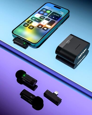 ميكروفون لاسلكي Lavalier لهاتف iPhone 15 Lightning iPad android 2 في 1 ميكروفون أمامي مع حافظة شحن لهاتف Vlog Tiktok Podcast هاتف طية صدر السترة لإلغاء الضوضاء (أسود Lightning وUSB-C/Type-C) in Kuwait