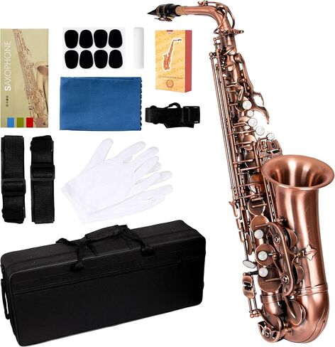 E Alto Saxophone للطلاب المبتدئين، مجموعة ساكس كاملة مع حقيبة حمل، قطعة فم، وسادات وسادة لقطعة الفم، قطعة قماش للتنظيف وقضيب تنظيف، وقفازات بيضاء، وحزام للرقبة in Kuwait