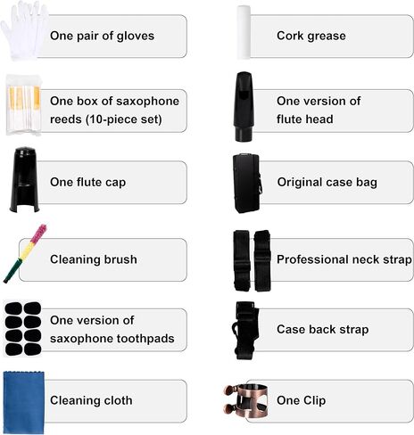 E Alto Saxophone للطلاب المبتدئين، مجموعة ساكس كاملة مع حقيبة حمل، قطعة فم، وسادات وسادة لقطعة الفم، قطعة قماش للتنظيف وقضيب تنظيف، وقفازات بيضاء، وحزام للرقبة in Kuwait