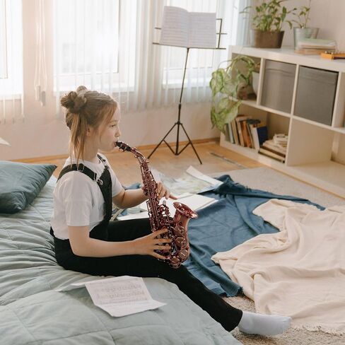 E Alto Saxophone للطلاب المبتدئين، مجموعة ساكس كاملة مع حقيبة حمل، قطعة فم، وسادات وسادة لقطعة الفم، قطعة قماش للتنظيف وقضيب تنظيف، وقفازات بيضاء، وحزام للرقبة in Kuwait