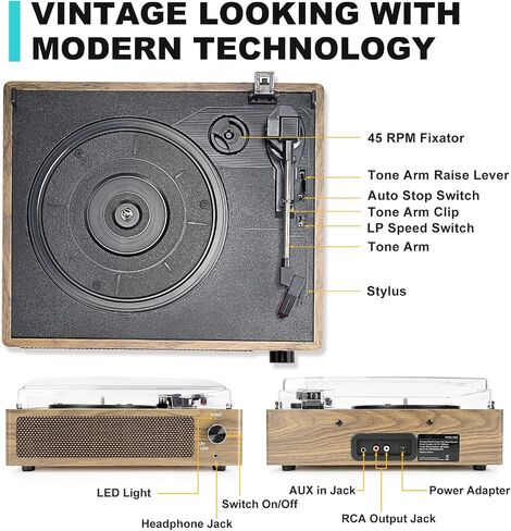 Seasonlife® Vinyl Record Player with Speakers,Wood Black Vintage Turntables | All-in-one Beginner LP Players,Retro Old-school Phonograph,Belt-Driven,3-Speed,BT Wireless Input,Headphone,AUX,RCA,Auto Stop in Saudi Arabia