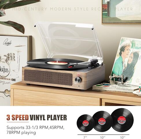 Seasonlife® Vinyl Record Player with Speakers,Wood Black Vintage Turntables | All-in-one Beginner LP Players,Retro Old-school Phonograph,Belt-Driven,3-Speed,BT Wireless Input,Headphone,AUX,RCA,Auto Stop in Saudi Arabia