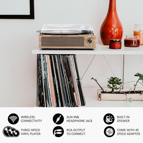 Seasonlife® Vinyl Record Player with Speakers,Wood Black Vintage Turntables | All-in-one Beginner LP Players,Retro Old-school Phonograph,Belt-Driven,3-Speed,BT Wireless Input,Headphone,AUX,RCA,Auto Stop in Saudi Arabia