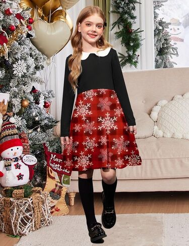 Arshiner Girls Long Sleeve Dress Casual Vintage Peter Pan Collar Swing Party Dress Age 3-14 Years in Saudi Arabia