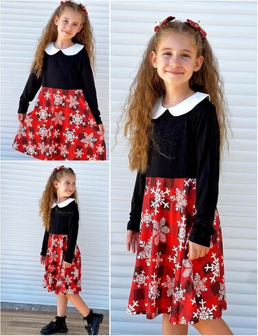 Arshiner Girls Long Sleeve Dress Casual Vintage Peter Pan Collar Swing Party Dress Age 3-14 Years in Saudi Arabia
