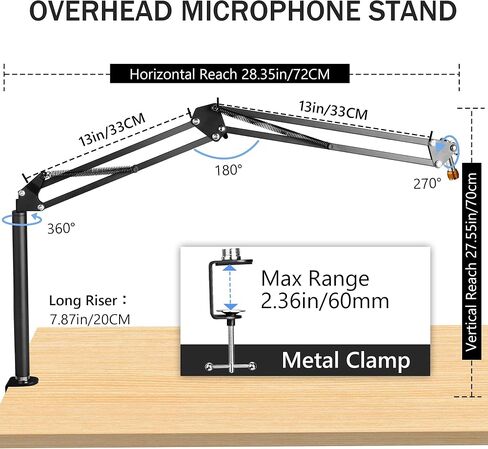 حامل ذراع eWonLife Mic Boom، حامل ذراع ميكروفون علوي مع رافعة عالية، حامل ذراع مقص قابل للتعديل مع محول برغي 3/8 بوصة إلى 5/8 بوصة لكرة الثلج اليتي الزرقاء، HyperX QuadCast in Kuwait
