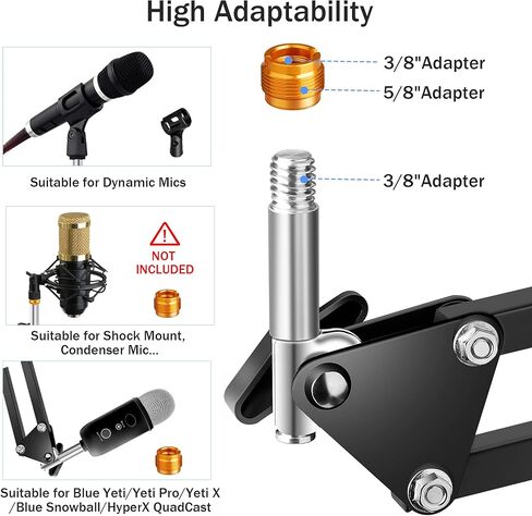 حامل ذراع eWonLife Mic Boom، حامل ذراع ميكروفون علوي مع رافعة عالية، حامل ذراع مقص قابل للتعديل مع محول برغي 3/8 بوصة إلى 5/8 بوصة لكرة الثلج اليتي الزرقاء، HyperX QuadCast in Kuwait