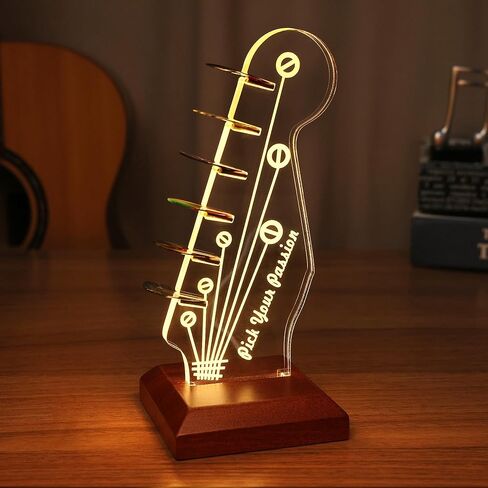 Lampeez Light Up Headstock Shaped Guitar Pick Holder Desktop, Clear Acrylic Solid Wood Pick Holder with USB Powered for Picks Storage and Display, Guitar Gifts for Guitar Players Enthusiasts in Saudi Arabia