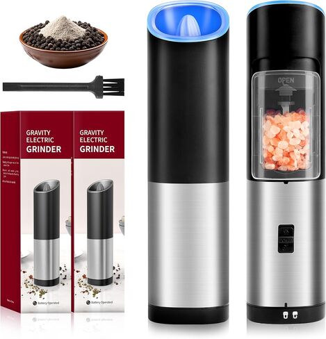 Gravity Electric Grinder, Electric Salt & Pepper Grinder Set, Battery Powered with LED Light, Adjustable Coarseness, Safety Switch, Stainless Steel, Black in Saudi Arabia