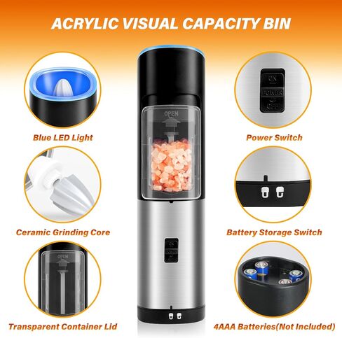 Gravity Electric Grinder, Electric Salt & Pepper Grinder Set, Battery Powered with LED Light, Adjustable Coarseness, Safety Switch, Stainless Steel, Black in Saudi Arabia