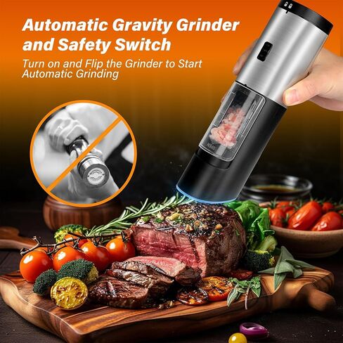 Gravity Electric Grinder, Electric Salt & Pepper Grinder Set, Battery Powered with LED Light, Adjustable Coarseness, Safety Switch, Stainless Steel, Black in Saudi Arabia