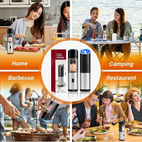 Gravity Electric Grinder, Electric Salt & Pepper Grinder Set, Battery Powered with LED Light, Adjustable Coarseness, Safety Switch, Stainless Steel, Black in Saudi Arabia