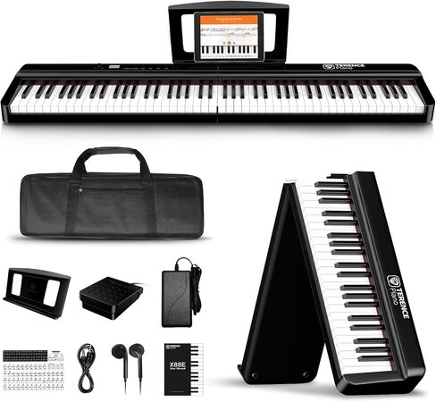 TERENCE Digital Piano 88 Key Weighted Keyboard, Full Size Piano Keyboard with 2X15W Speakers, Music Stand, Keyboard Stickers, and Sustain Pedal, Portable Folding Piano Gift Teaching for Beginners in Kuwait