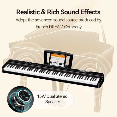 TERENCE Digital Piano 88 Key Weighted Keyboard, Full Size Piano Keyboard with 2X15W Speakers, Music Stand, Keyboard Stickers, and Sustain Pedal, Portable Folding Piano Gift Teaching for Beginners in Kuwait