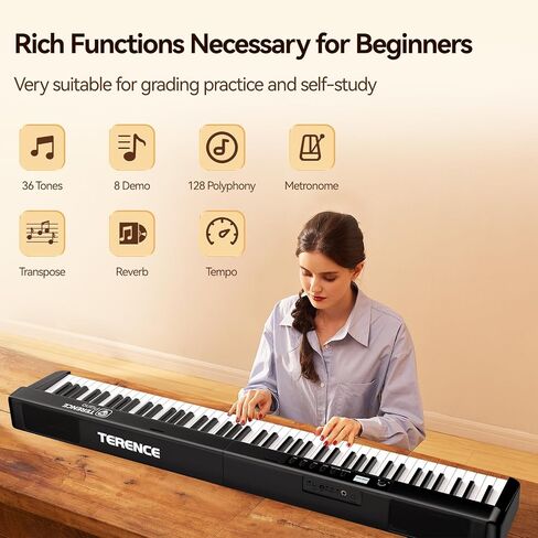 TERENCE Digital Piano 88 Key Weighted Keyboard, Full Size Piano Keyboard with 2X15W Speakers, Music Stand, Keyboard Stickers, and Sustain Pedal, Portable Folding Piano Gift Teaching for Beginners in Kuwait